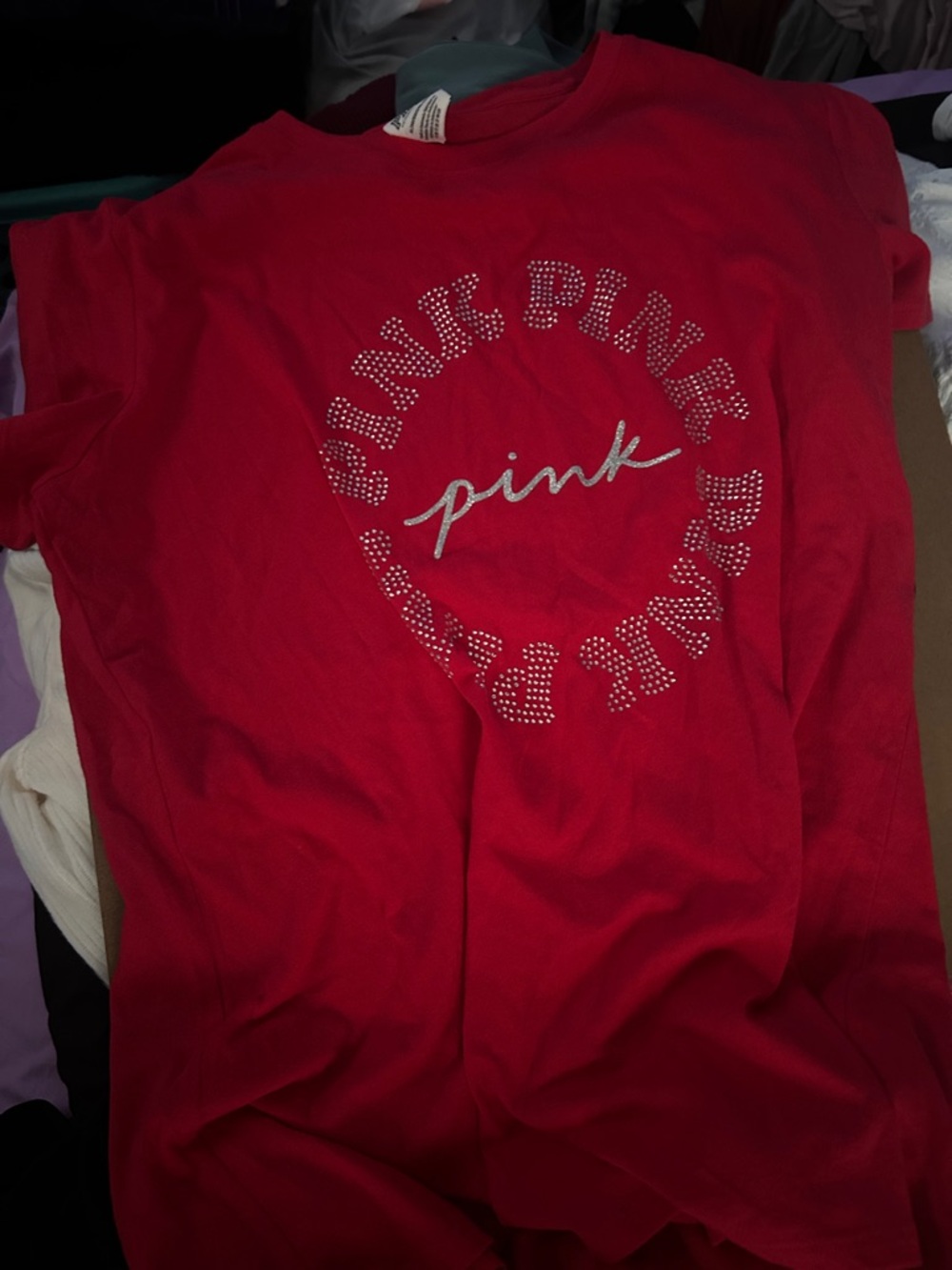 PINK Victoria's Secret Bright Red Rhinestone Logo Shirt
